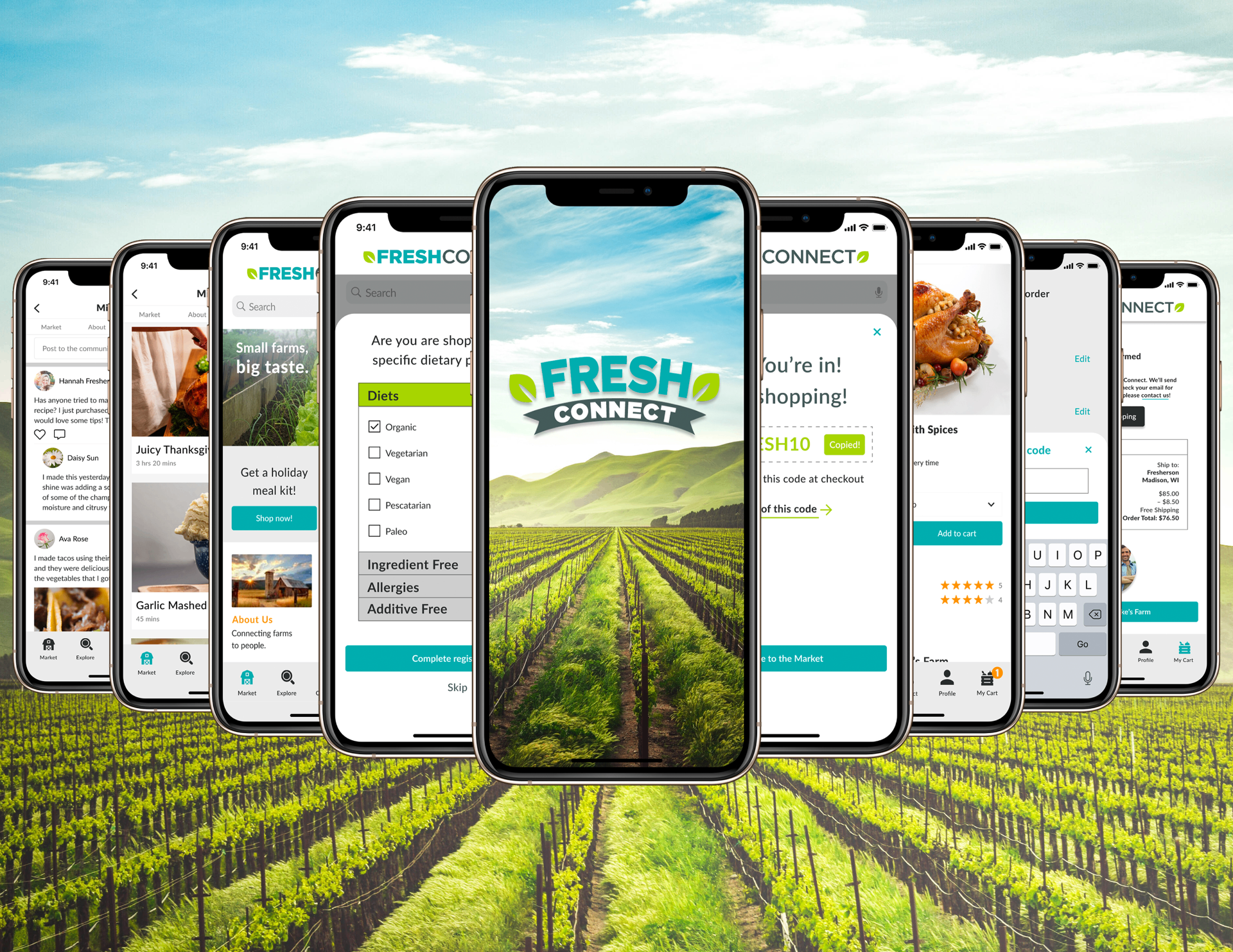 FreshConnect mobile app screens fanned across a green vineyard landscape — splash screen with FRESH CONNECT logo center, surrounded by onboarding, dietary preferences, promo code, product detail, checkout, and community feed screens.