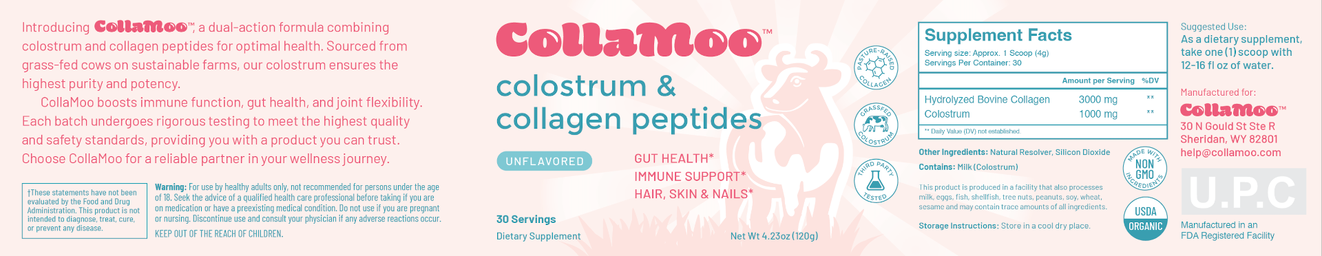 Full CollaMoo product label showing wordmark, benefit claims, trust badges, supplement facts, and regulatory panels.