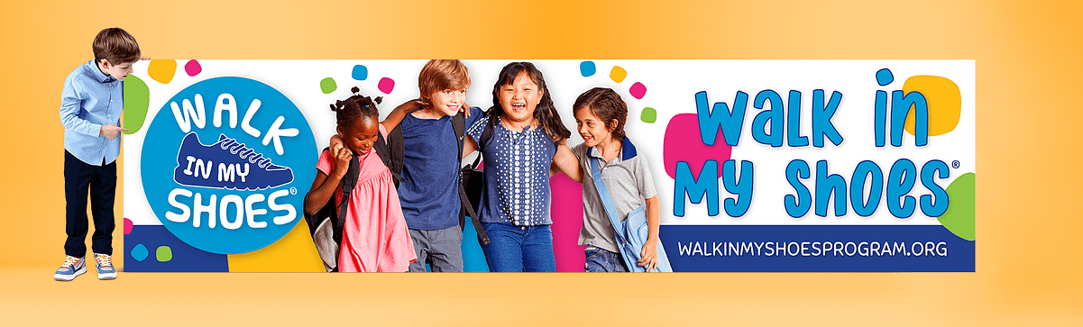 Walk In My Shoes program banner with children and the playful WIMS logo on a bright, colorful background.