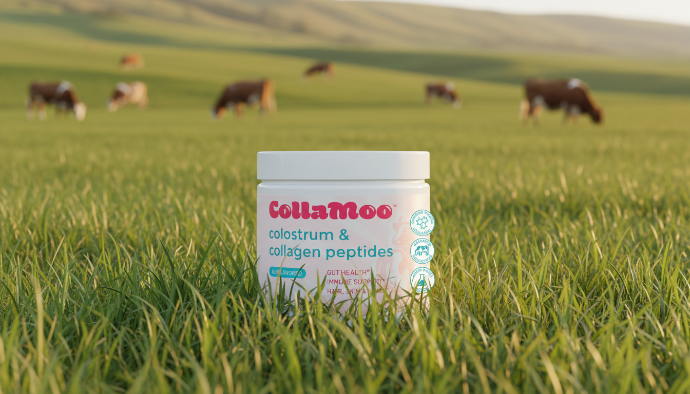 Cropped CollaMoo colostrum & collagen peptides tub centered in a sunlit pasture with grass-fed cows grazing softly behind it, framed with rounded corners.
