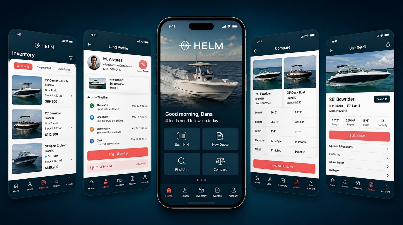 Five HELM dealer sales workspace screens fanned on a deep navy-teal gradient — a center iPhone showing the Home dashboard, flanked by frameless Inventory (single-brand and multi-brand filters), Lead Profile, Compare, and Unit Detail screens.