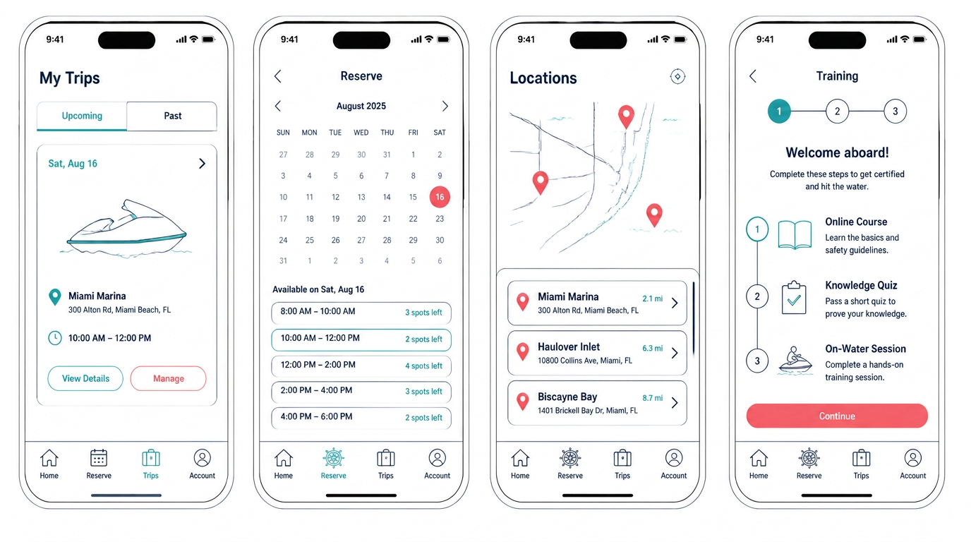 Four white-labeled mobile screens showing My Trips, reservation calendar, locations map, and onboarding training.