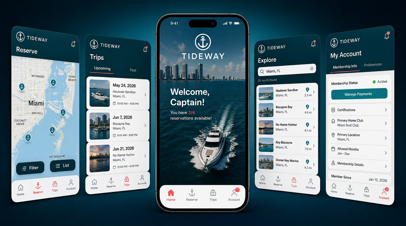 Five iPhone mockups of the white-labeled Tideway membership app fanned across a deep teal background: search reservation, Miami map with locations, hero landing with Reserve Now, My Trips, and My Account.