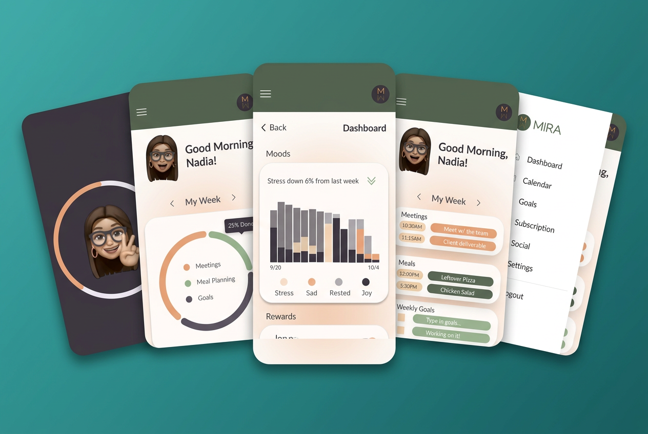 MIRA app hero — five frameless mobile screens fanned across a teal background showing lock screen notification, avatar progress ring, dashboard with donut chart, side menu, and mood tracking bars.