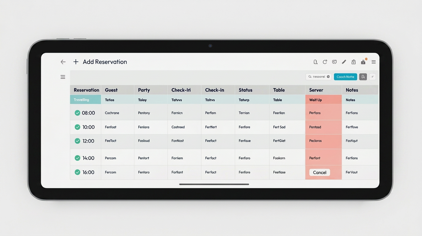 Tablet landscape view of an on-site admin console showing a vertical day timeline with colored status rows and inline actions.