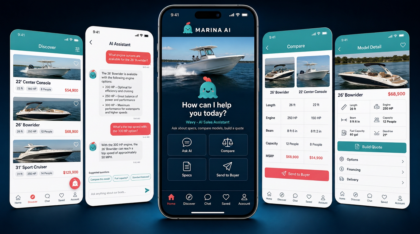 Five AI sales assistant app screens fanned on a deep navy gradient, featuring the Wavy AI agent character — a center iPhone showing Wavy on the assistant home with Ask AI, Compare, Specs, and Send to Buyer actions, flanked by frameless Discover, Wavy chat, Compare, and Model Detail screens.