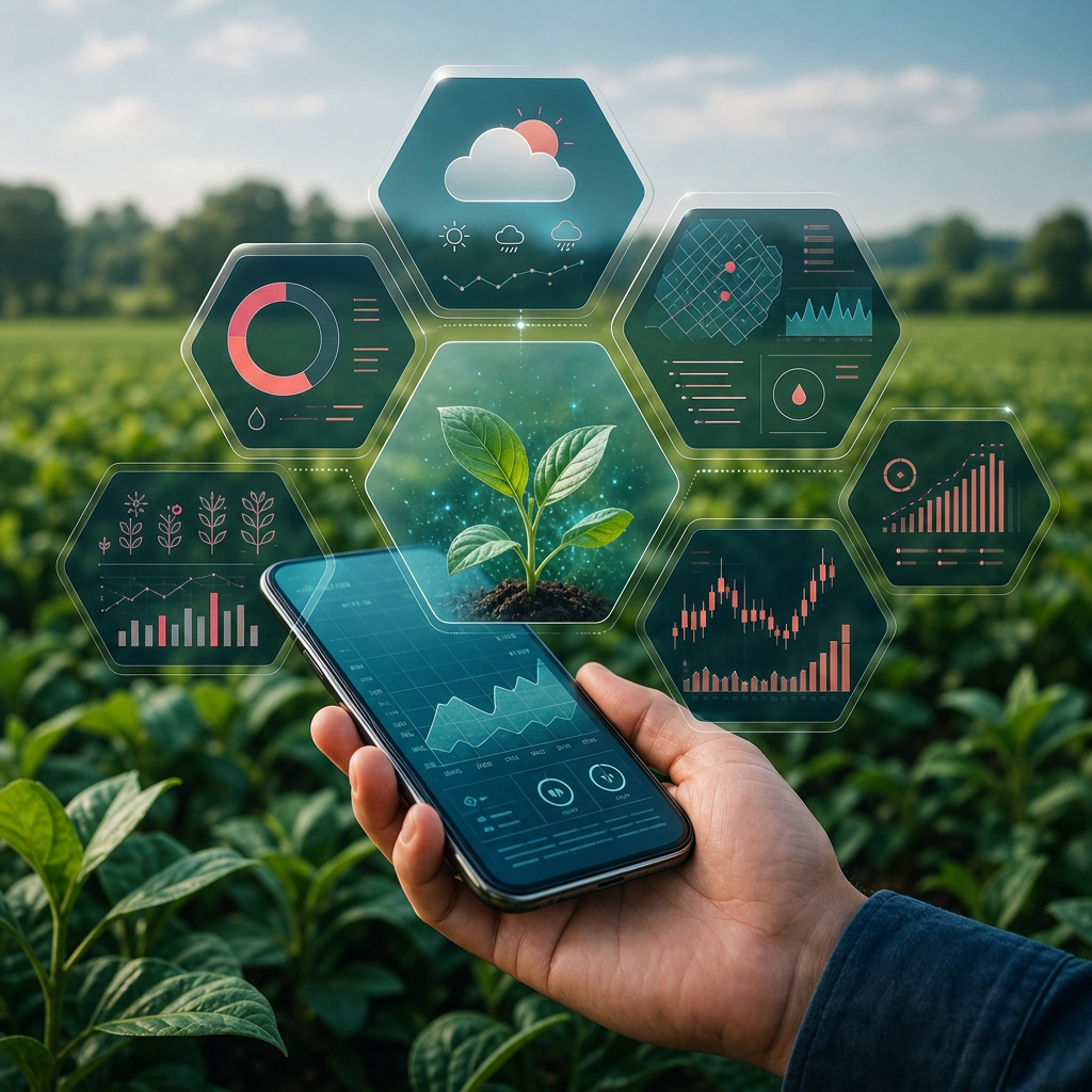 Hand holding a frameless smartphone over lush green agricultural plants, with translucent hexagonal glass UI tiles floating above displaying crop, weather, and market data — teal gradient with coral accents.